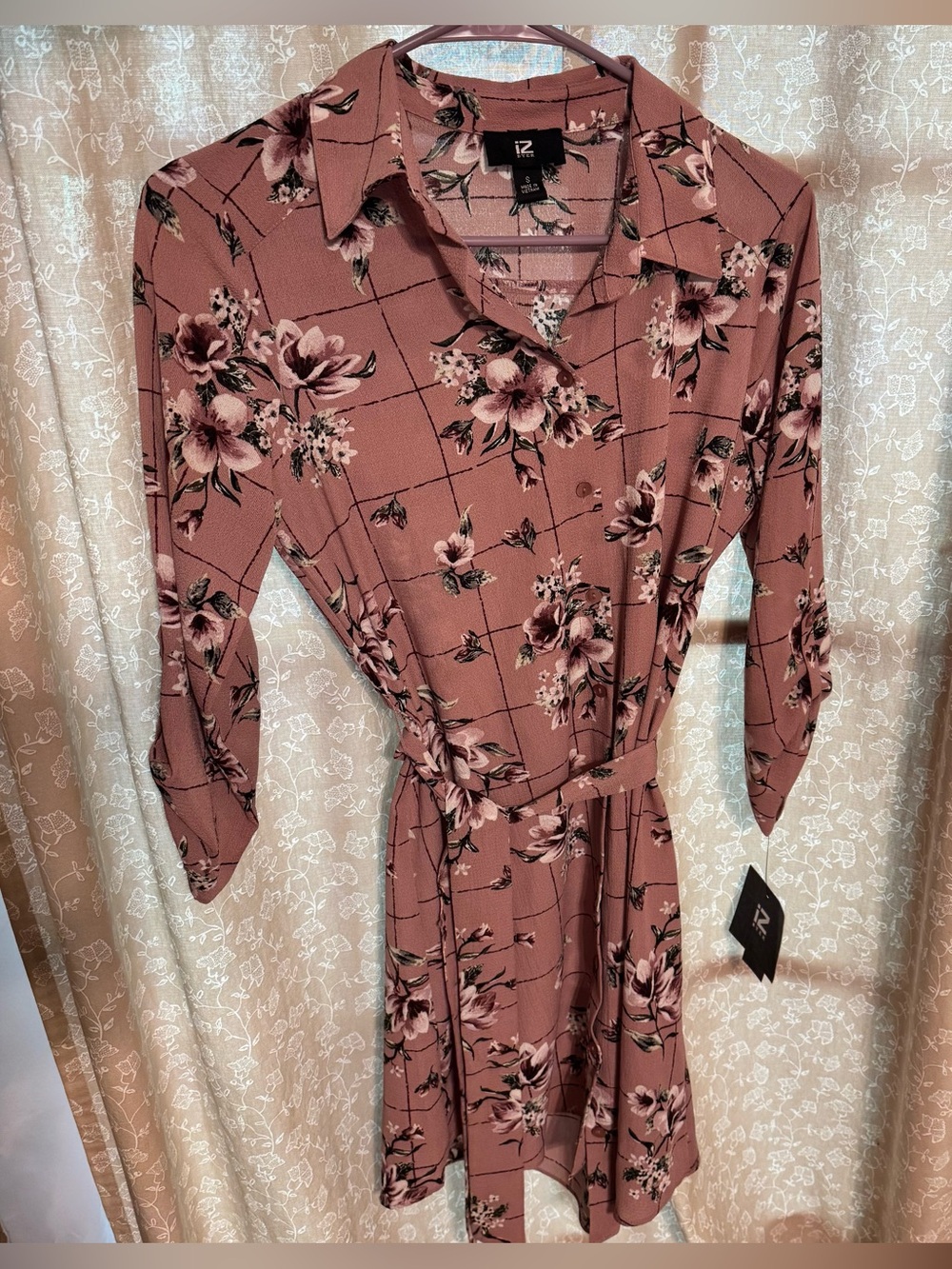 NEW iZ Byer Floral Button Up Dress - Mauve Pink Grid Midi Cottagecore Small
